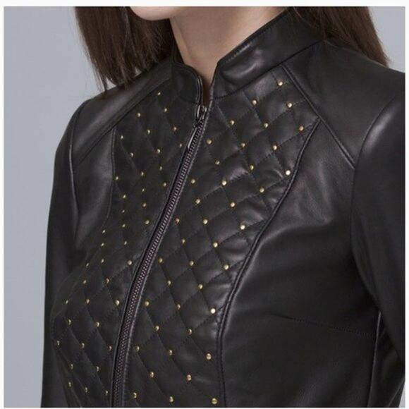 WHBM Gold Studded Black Leather Jacket Size Small - Picture 2 of 9